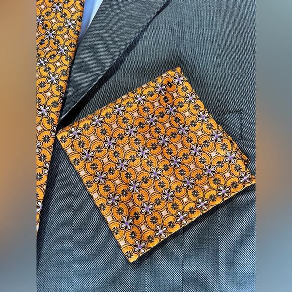 Men’s 3 Piece Floral Tie Set Orange Tie Pocket Square Cufflinks 57.5”x3.25” - Picture 2 of 4